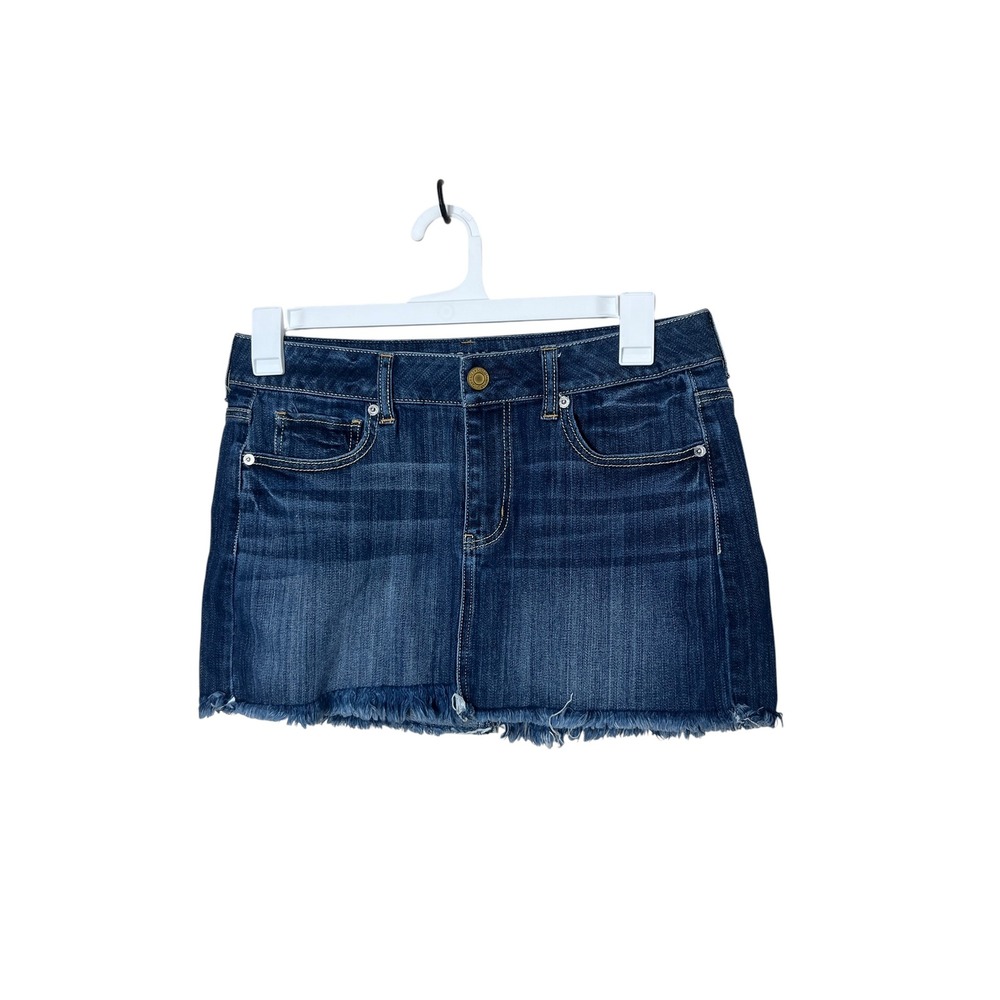 American‎ Eagle Denim Mini Skirt Frayed Hem Blue Wash Womens